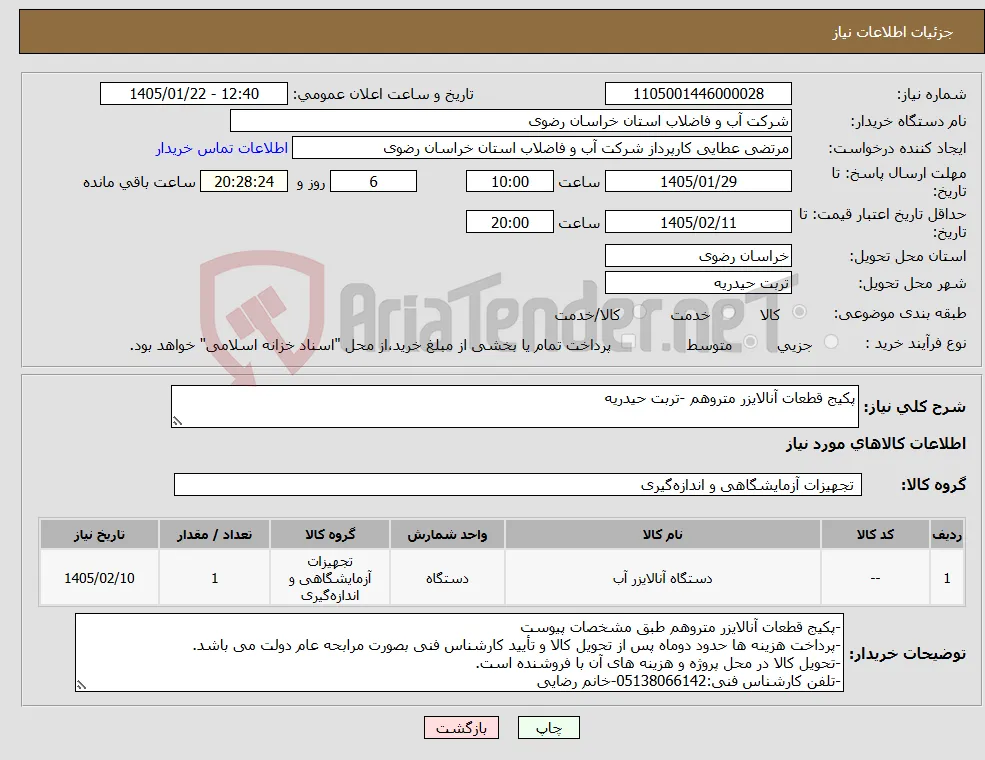 نیاز کالا-پکیج قطعات آنالایزر متروهم -تربت حیدریه