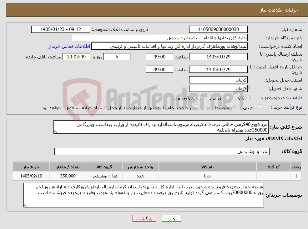 نیاز کالا-مرباهویج40گرمی خالص درجه1،باکیفیت،مرغوب،استاندارد ودارای تائیدیه از وزارت بهداشت وبازرگانی 350000عدد همراه باتخلیه