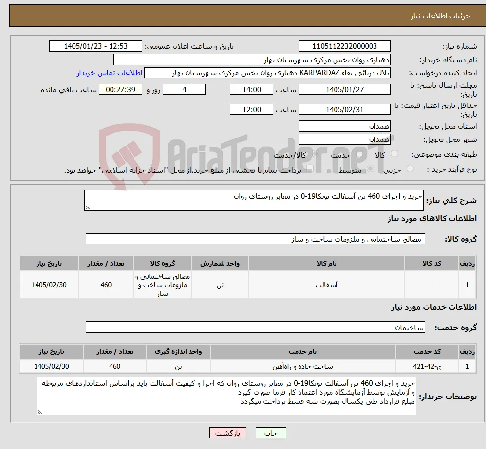 نیاز خدمت/کالا-خرید و اجرای 460 تن آسفالت توپکا19-0 در معابر روستای روان