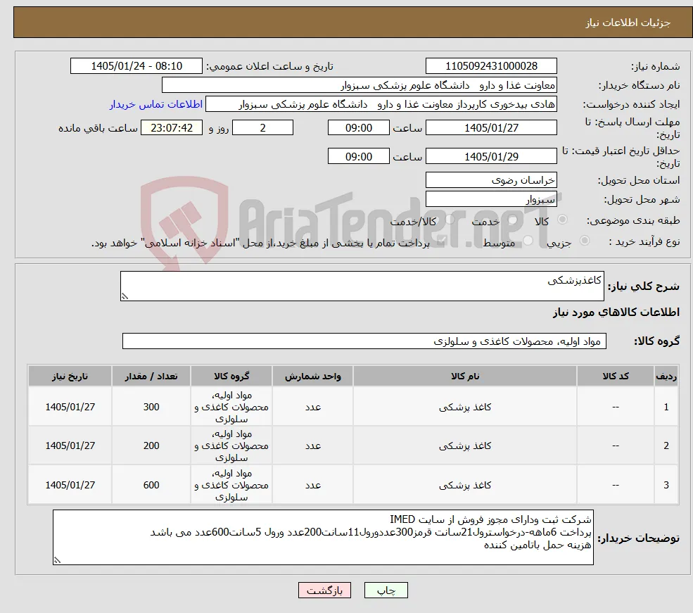 نیاز کالا-کاغذپزشکی