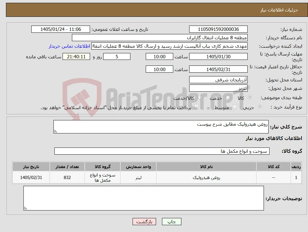 نیاز کالا-روغن هیدرولیک مطابق شرح پیوست