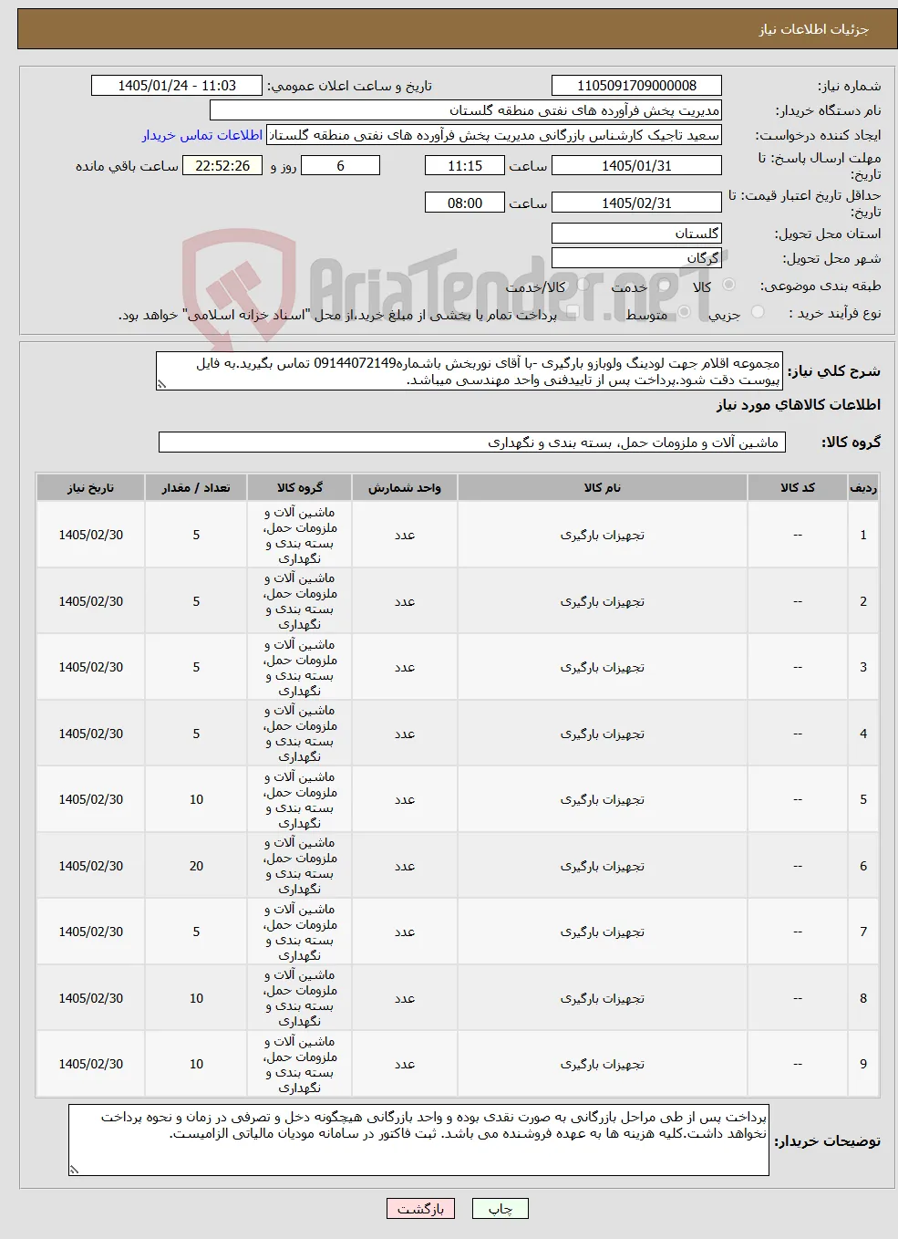 نیاز کالا-مجموعه اقلام جهت لودینگ ولوبازو بارگیری -با آقای نوربخش باشماره09144072149 تماس بگیرید.به فایل پیوست دقت شود.پرداخت پس از تاییدفنی واحد مهندسی میباشد.