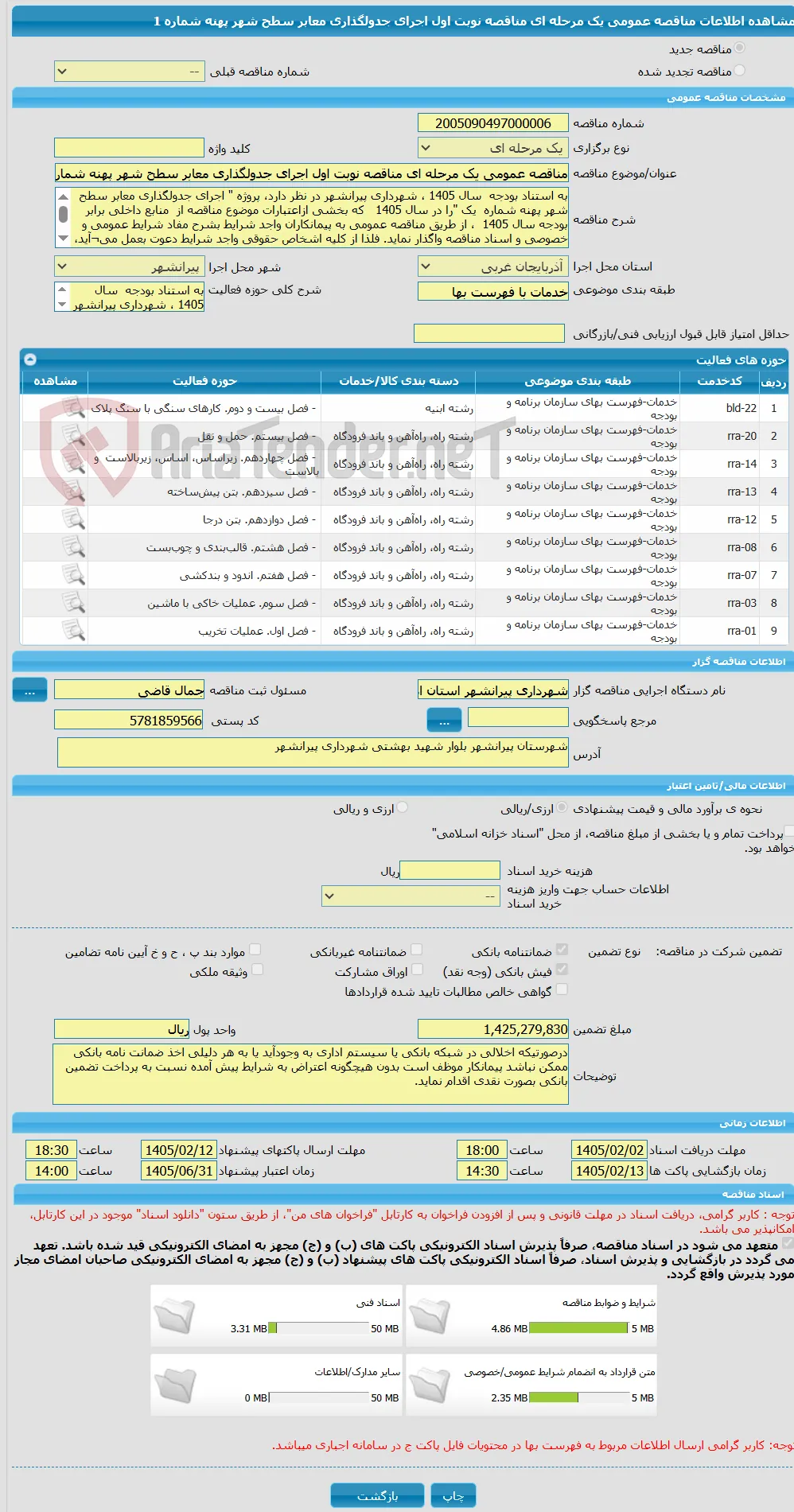 مناقصه عمومی یک مرحله ای مناقصه نوبت اول اجرای جدولگذاری معابر سطح شهر پهنه شماره 1