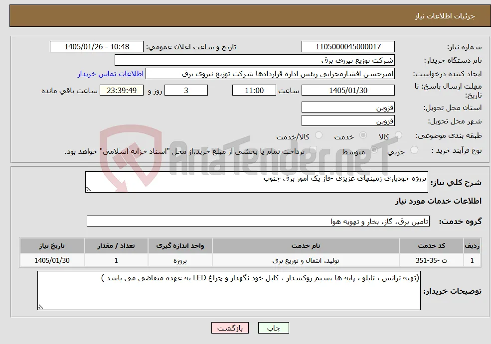 نیاز خدمات-پروژه خودیاری زمینهای عزیزی -فاز یک امور برق جنوب 