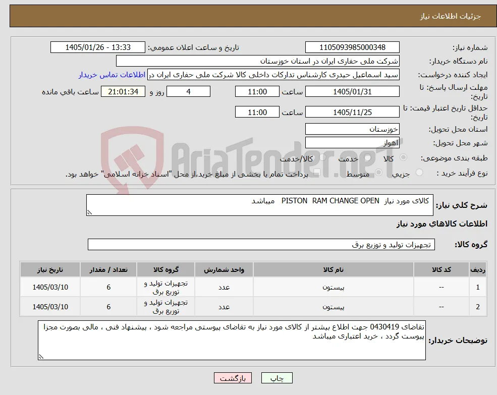نیاز کالا- کالای مورد نیاز PISTON RAM CHANGE OPEN میباشد