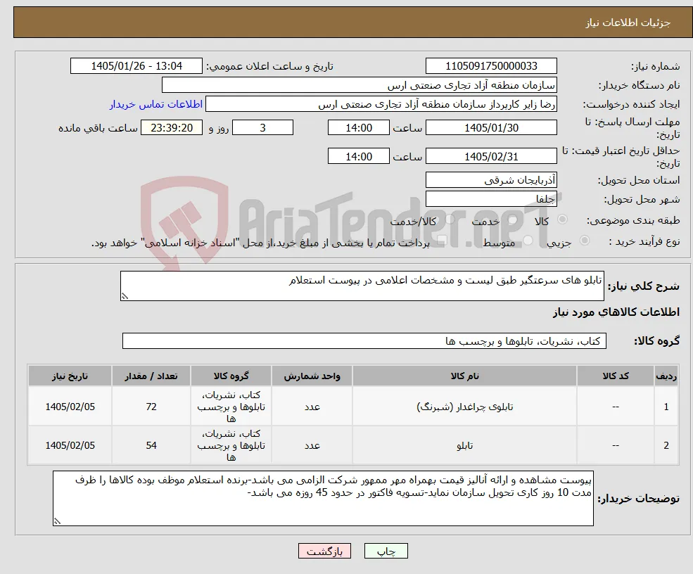 نیاز کالا-تابلو های سرعتگیر طبق لیست و مشخصات اعلامی در پیوست استعلام