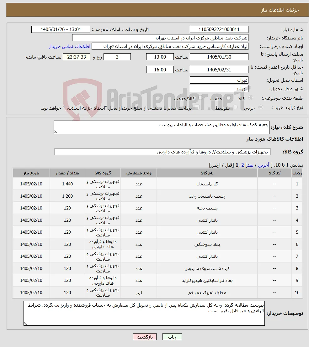 نیاز کالا-جعبه کمک های اولیه مطابق مشخصات و الزامات پیوست