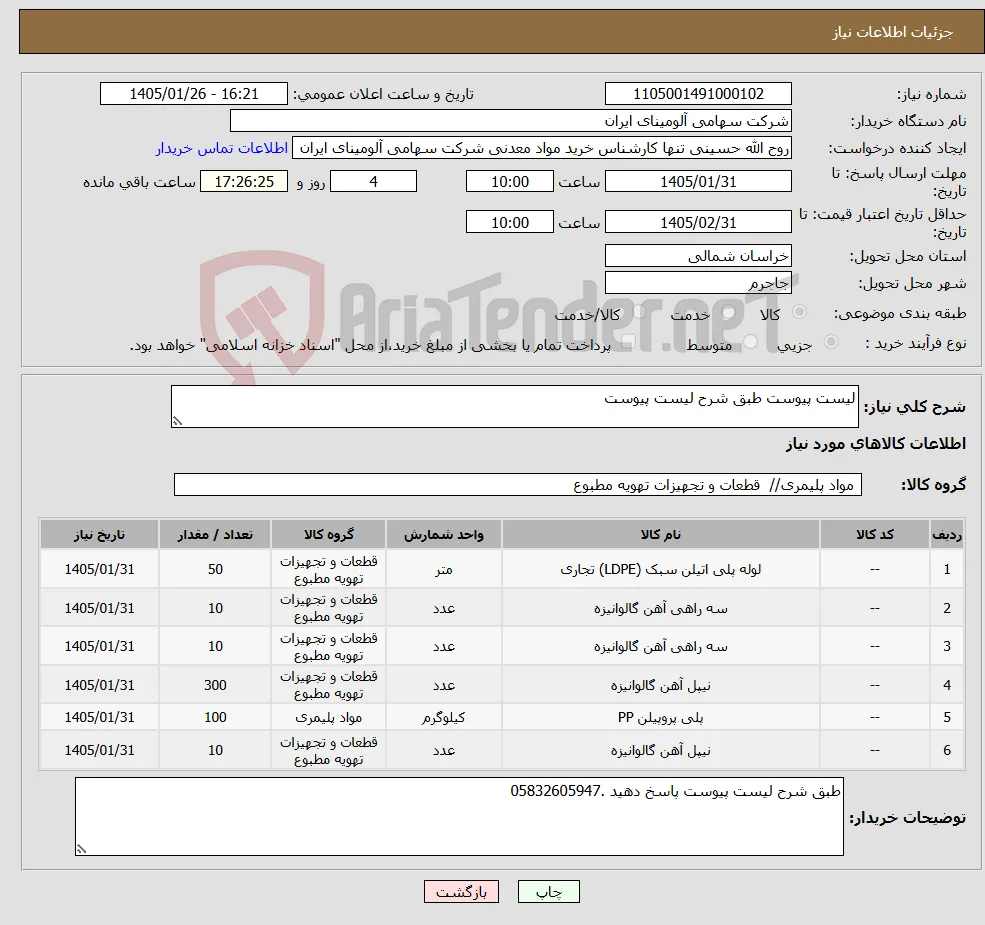نیاز کالا-لیست پیوست طبق شرح لیست پیوست