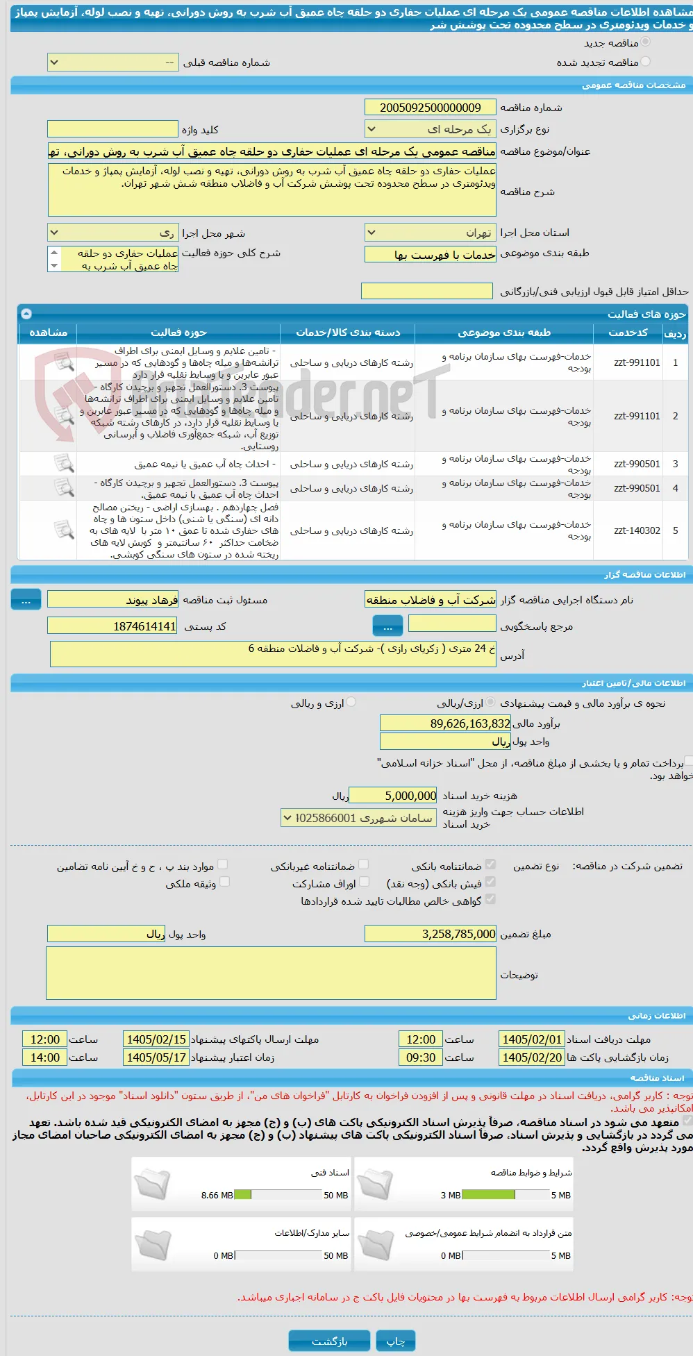 مناقصه عمومی یک مرحله ای عملیات حفاری دو حلقه چاه عمیق آب شرب به روش دورانی، تهیه و نصب لوله، آزمایش پمپاژ و خدمات ویدئومتری در سطح محدوده تحت پوشش شر