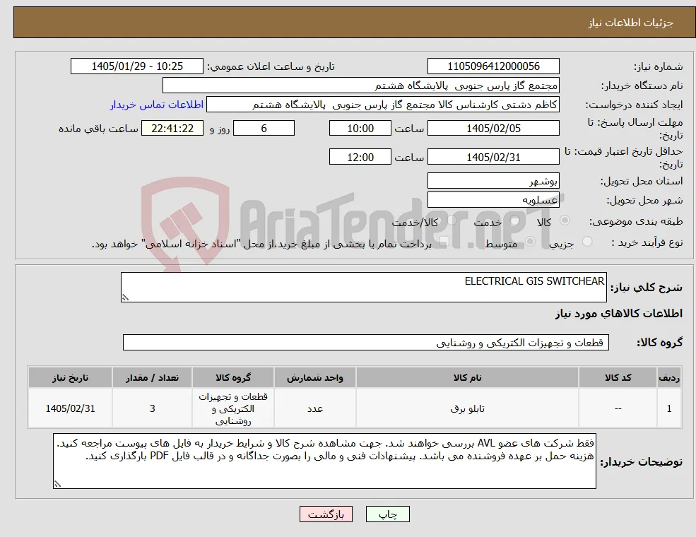 نیاز کالا-ELECTRICAL GIS SWITCHEAR