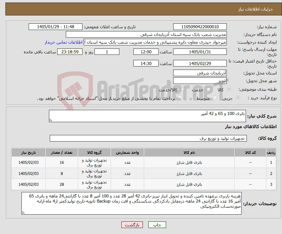 نیاز کالا-باتری 100 و 65 و 42 آمپر