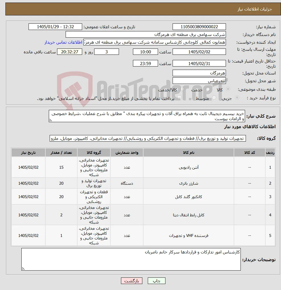 نیاز کالا-خرید بیسیم دیجیتال ثابت به همراه یراق آلات و تجهیزات پیکره بندی " مطابق با شرح عملیات ،شرایط خصوصی و الزامات پیوست