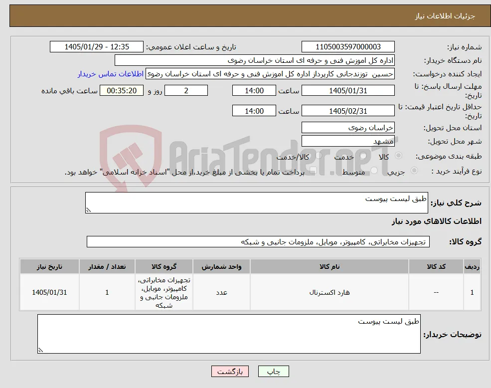 نیاز کالا-طبق لیست پیوست
