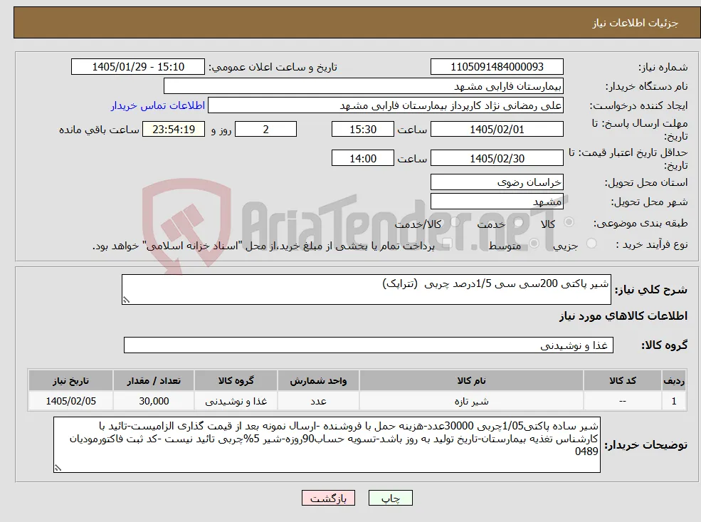 نیاز کالا-شیر پاکتی 200سی سی 1/5درصد چربی (تتراپک)