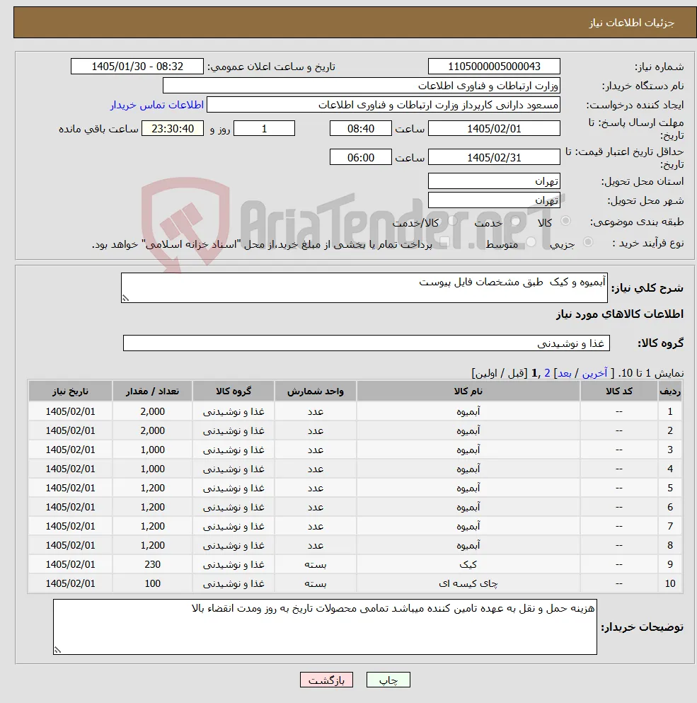 نیاز کالا-آبمیوه و کیک طبق مشخصات فایل پیوست