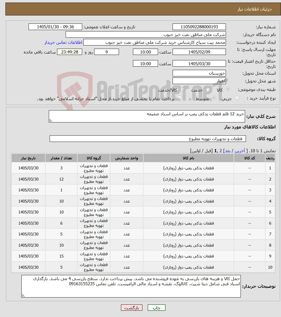 نیاز کالا-خرید 12 قلم قطعات یدکی پمپ بر اساس اسناد ضمیمه