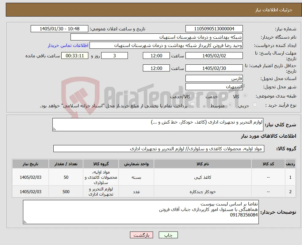 نیاز کالا-لوازم التحریر و تجهیزات اداری (کاغذ، خودکار، خط کش و ...)