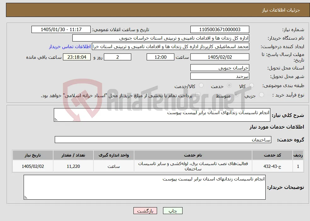 نیاز خدمات-انجام تاسیسات زندانهای استان برابر لیبست پیوست