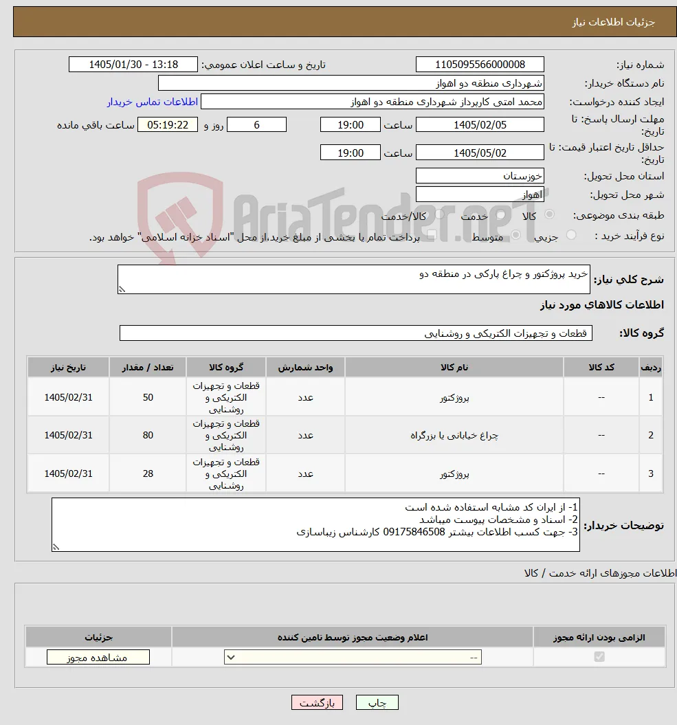 نیاز کالا-خرید پروژکتور و چراغ پارکی در منطقه دو 