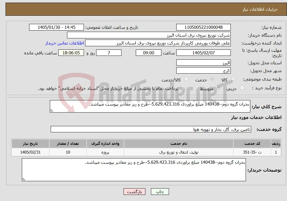 نیاز خدمات-بحران گروه دوم--140438 مبلغ براوردی 5.629.423.316--طرح و ریز مقادیر پیوست میباشد.