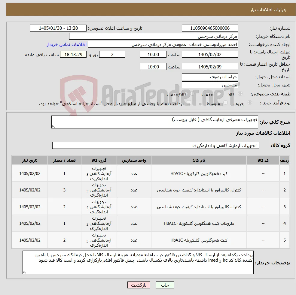 نیاز کالا-تجهیزلت مصرفی آزمایشگاهی ( فایل پیوست)