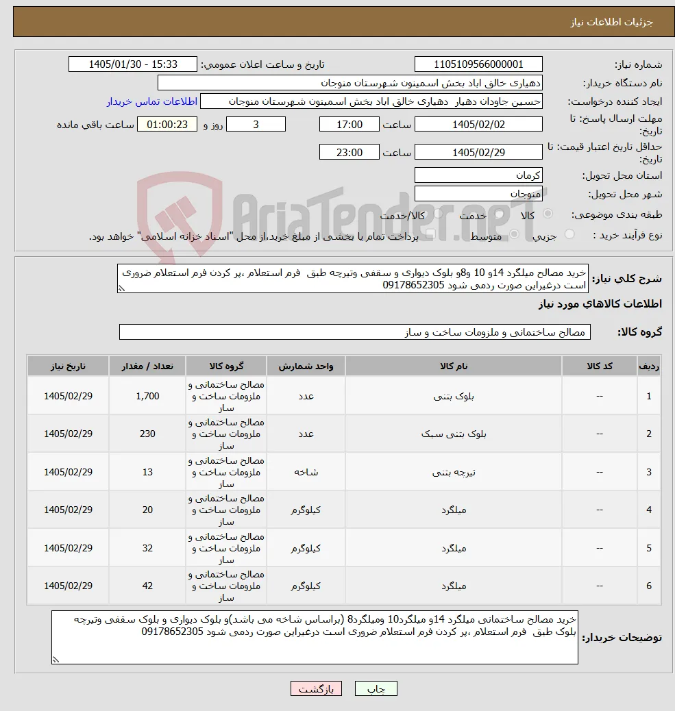 نیاز کالا-خرید مصالح میلگرد 14و 10 و8و بلوک دیواری و سقفی وتیرچه طبق فرم استعلام ،پر کردن فرم استعلام ضروری است درغیراین صورت ردمی شود 09178652305