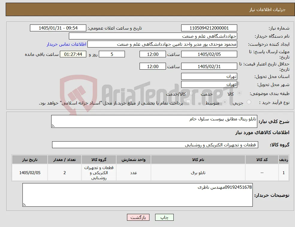 نیاز کالا-تابلو ریتال مطابق پیوست سلول خام