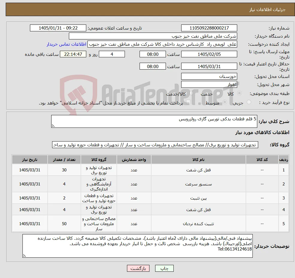 نیاز کالا-5 قلم قطعات یدکی توربین گازی رولزرویس 