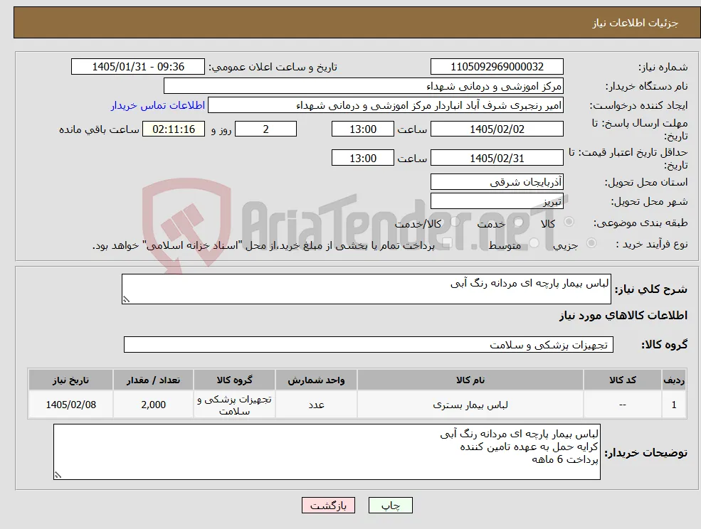 نیاز کالا-لباس بیمار پارچه ای مردانه رنگ آبی