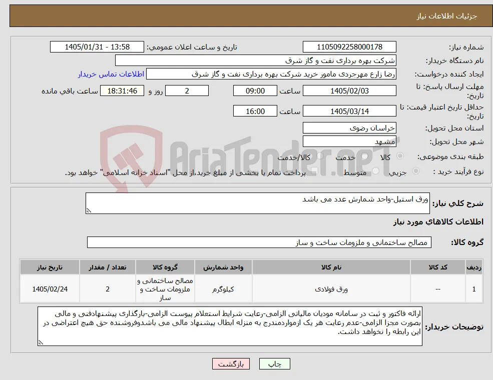 نیاز کالا-ورق استیل-واحد شمارش عدد می باشد
