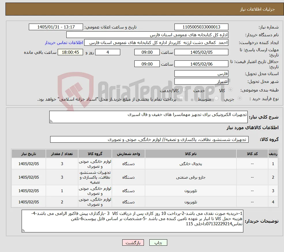 نیاز کالا-تجهیزات الکترونیکی برای تجهیز مهمانسرا های خفیف و فال اسیری 