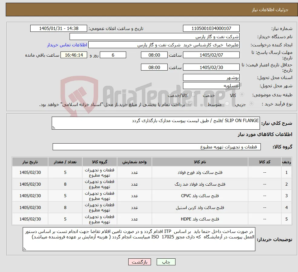 نیاز کالا-SLIP ON FLANGE /فلنج / طبق لیست پیوست مدارک بارگذاری گردد