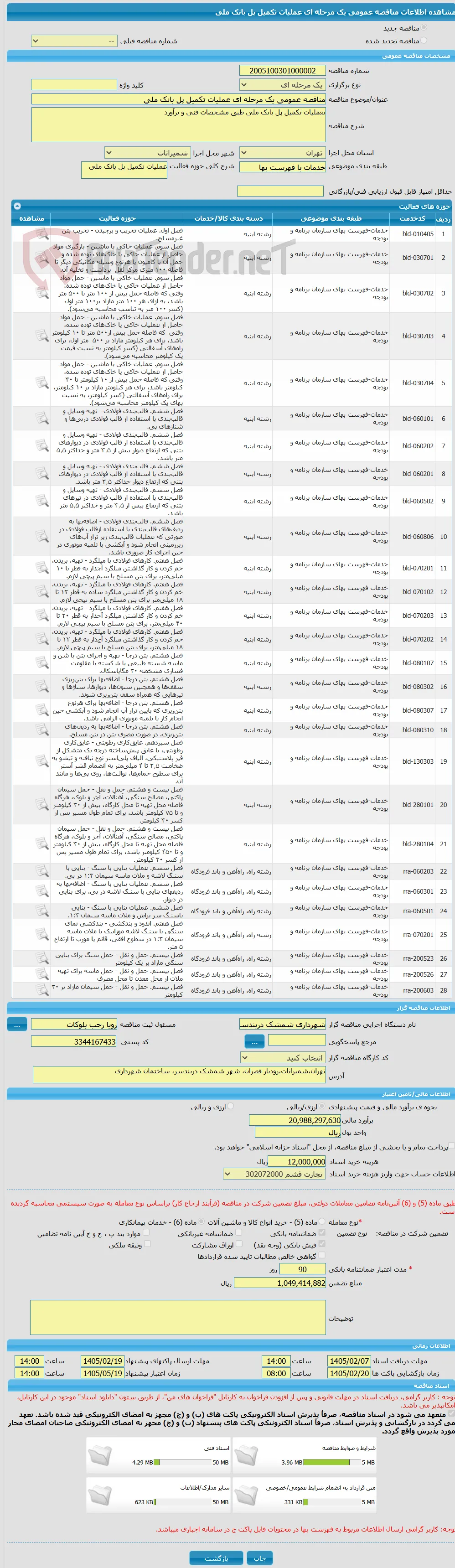 مناقصه عمومی یک مرحله ای عملیات تکمیل پل بانک ملی