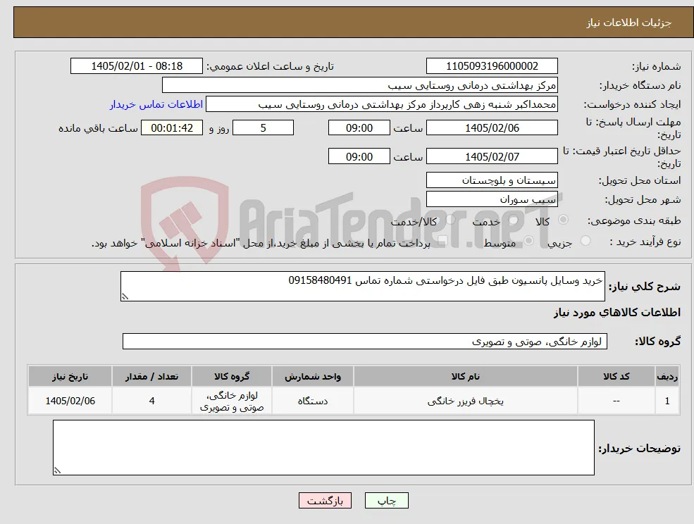 نیاز کالا-خرید وسایل پانسیون طبق فایل درخواستی شماره تماس 09158480491