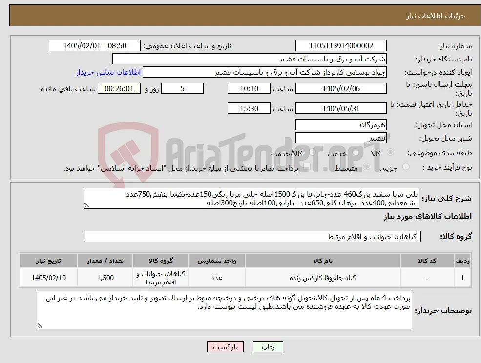 نیاز کالا-پلی مریا سفید بزرگ460 عدد-جاتروفا بزرگ1500اصله -پلی مریا رنگی150عدد-تکوما بنفش750عدد -شمعدانی400عدد -برهان گلی650عدد -دارایی100اصله-نارنج300اصله
