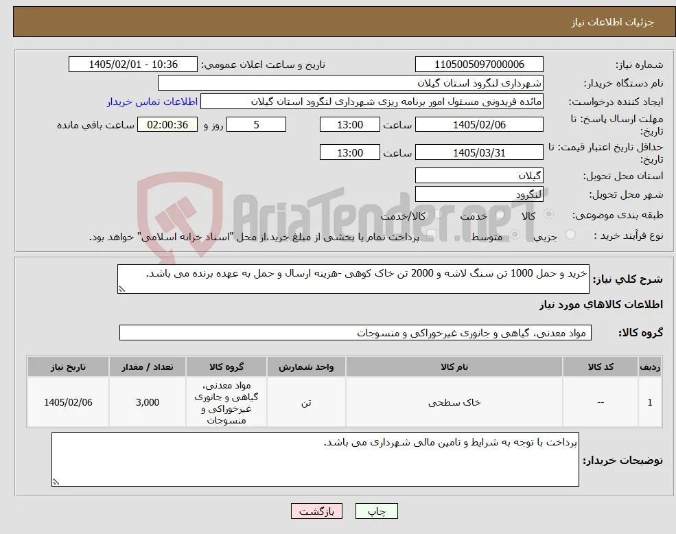 نیاز کالا-خرید و حمل 1000 تن سنگ لاشه و 2000 تن خاک کوهی -هزینه ارسال و حمل به عهده برنده می باشد.