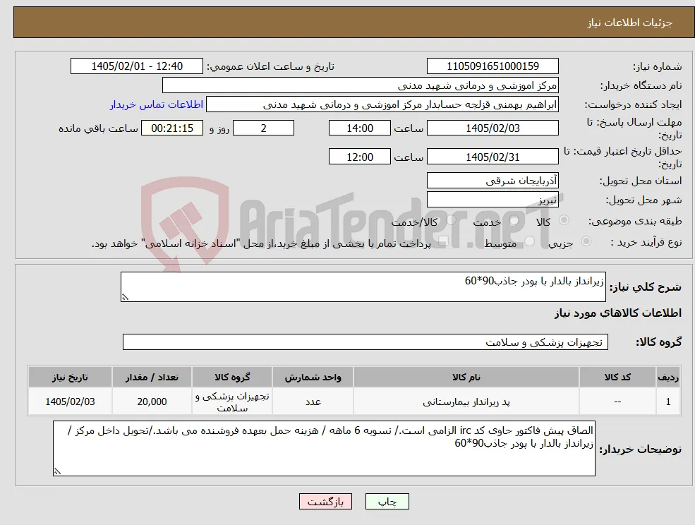 نیاز کالا-زیرانداز بالدار با پودر جاذب90*60