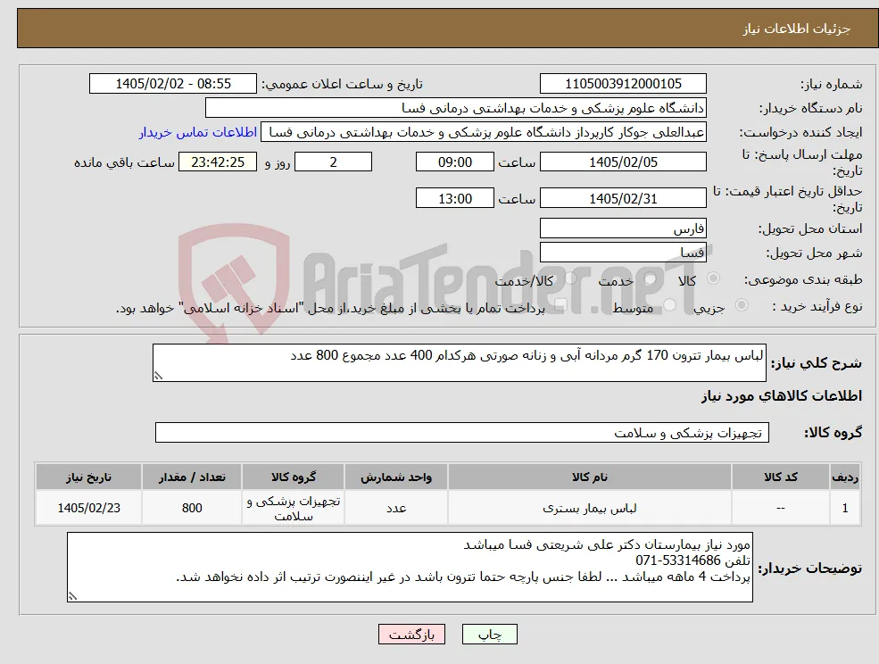 نیاز کالا-لباس بیمار تترون 170 گرم مردانه آبی و زنانه صورتی هرکدام 400 عدد مجموع 800 عدد