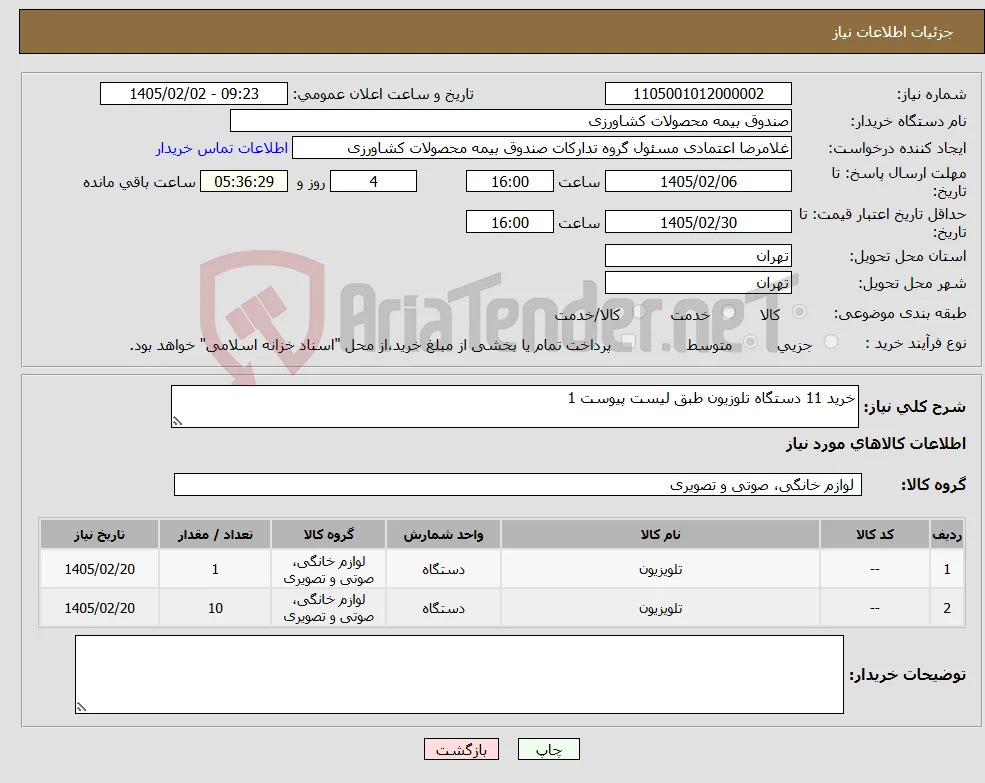 نیاز کالا-خرید 11 دستگاه تلوزیون طبق لیست پیوست 1