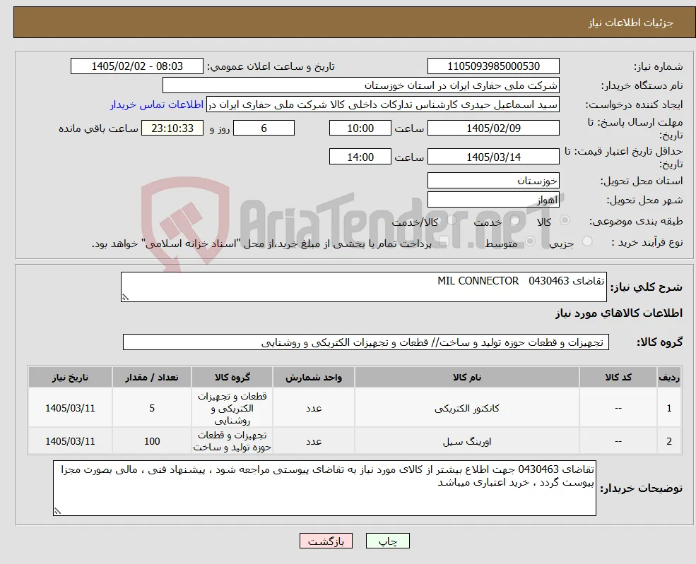 نیاز کالا-تقاضای 0430463 MIL CONNECTOR