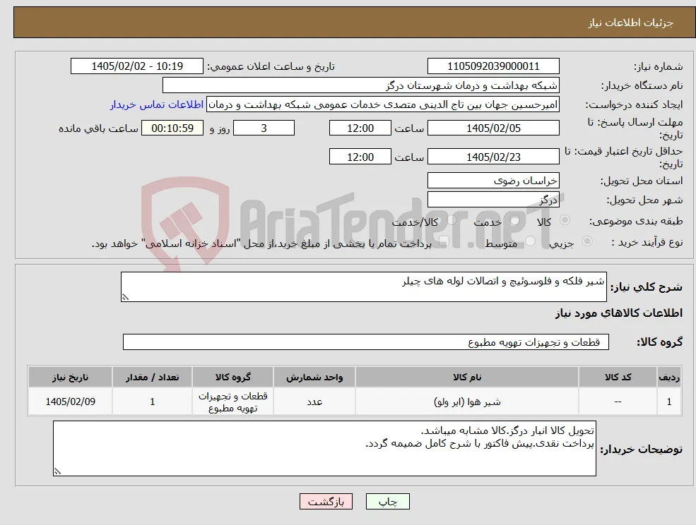 نیاز کالا-شیر فلکه و فلوسوئیچ و اتصالات لوله های چیلر