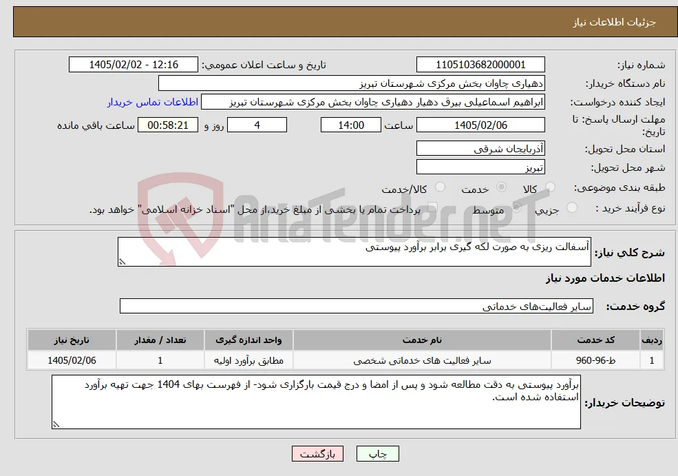 نیاز خدمات-آسفالت ریزی به صورت لکه گیری برابر برآورد پیوستی