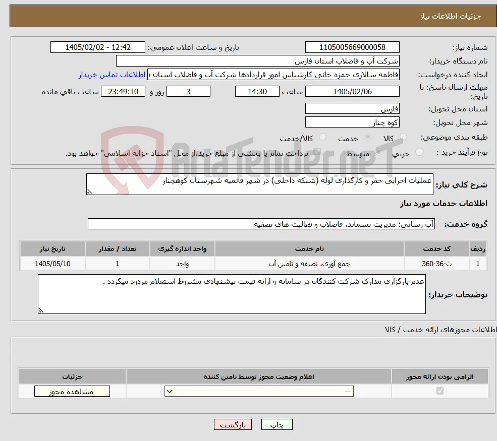 نیاز خدمات-عملیات اجرایی حفر و کارگذاری لوله (شبکه داخلی) در شهر قائمیه شهرستان کوهچنار
