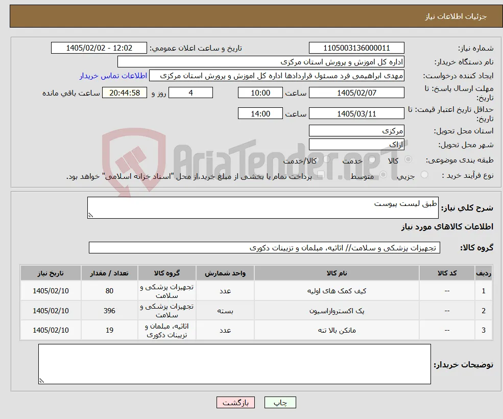 نیاز کالا-طبق لیست پیوست 