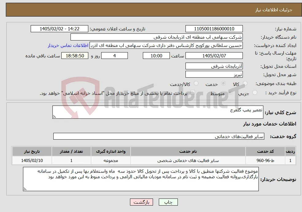 نیاز خدمات-تعمیر پمپ گلفرج