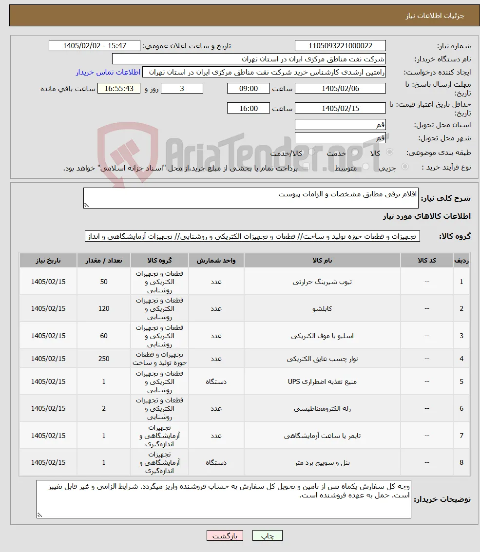 نیاز کالا-اقلام برقی مطابق مشخصات و الزامات پیوست