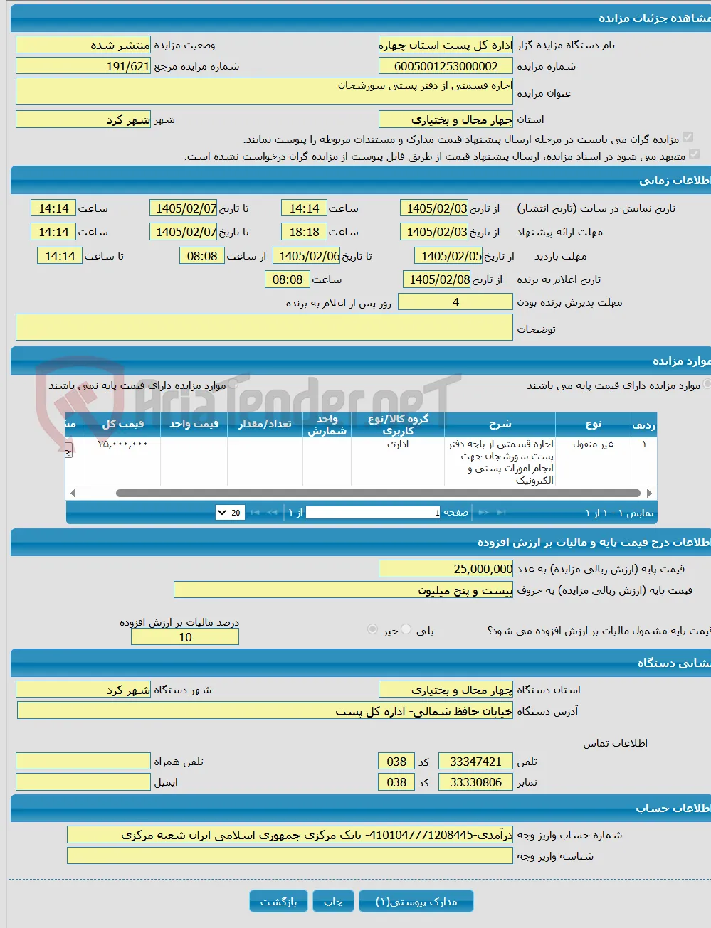 اجاره قسمتی از دفتر پستی سورشجان