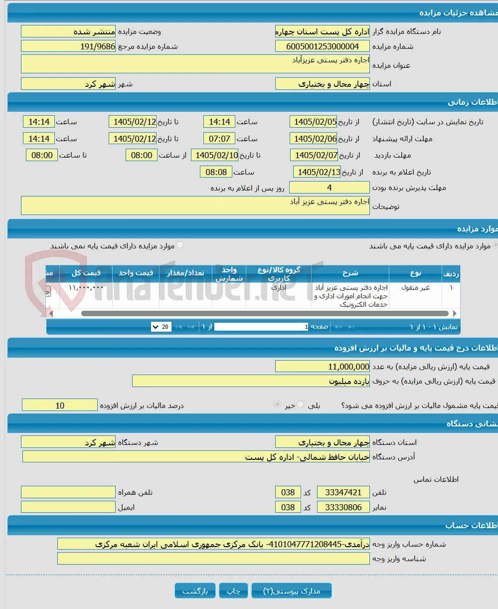 اجاره دفتر پستی عزیزآباد