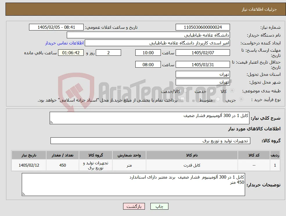 نیاز کالا-کابل 1 در 300 آلومینیوم فشار ضعیف 