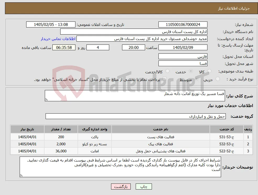 نیاز خدمات-فسا مسیر یک توزیع امانت دانه شمار